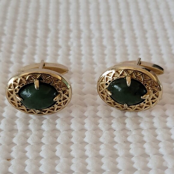 Swank Other - Swank Gold Tone Open Work Emerald Green Cabochon Oval Men's Cufflinks Marked S